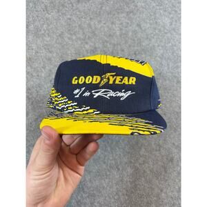 Vintage 90s Goodyear #1 In Racing Snapback Hat Cap AOP Yellow Navy Adjustable